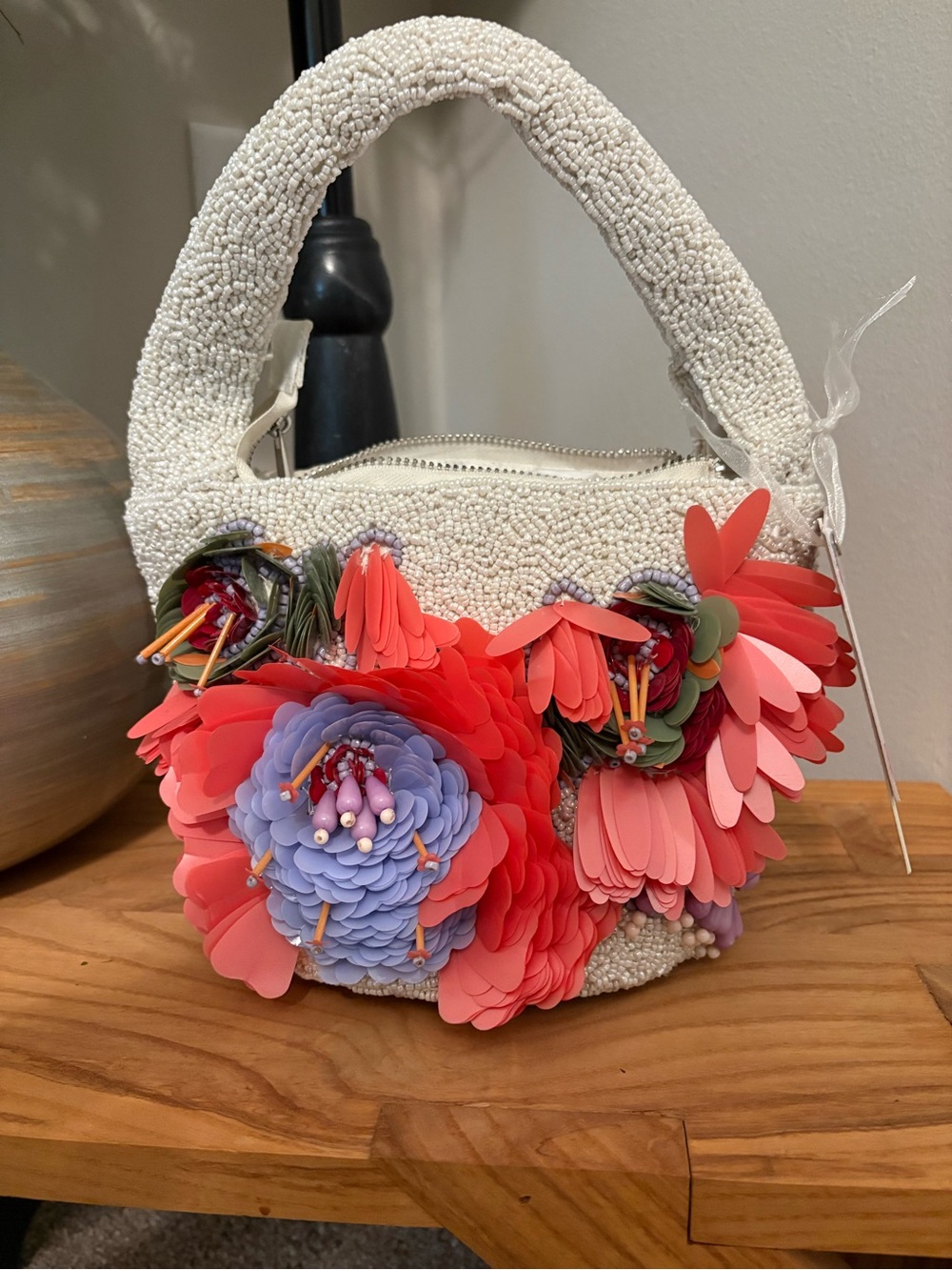 White Beaded Mini Bag with Coral & Lavender Floral Appliqué - Picture 3 of 6
